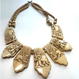 MCM 60's vintage hand-carved bovine bone statement necklace tribal elephant